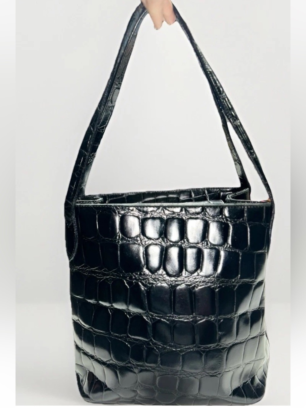 Genu Gennaro Italy Vintage Black Croc Embossed Leather Bucket Bag Gold Hardware